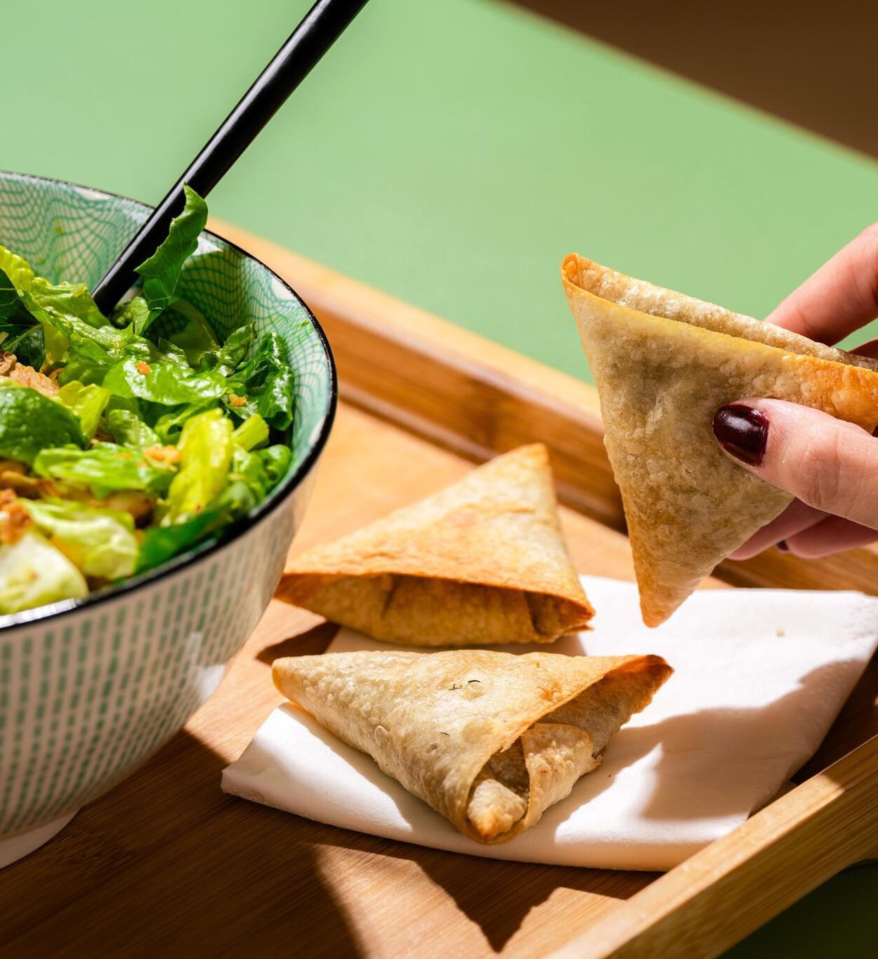 Sprout salad and samosas
